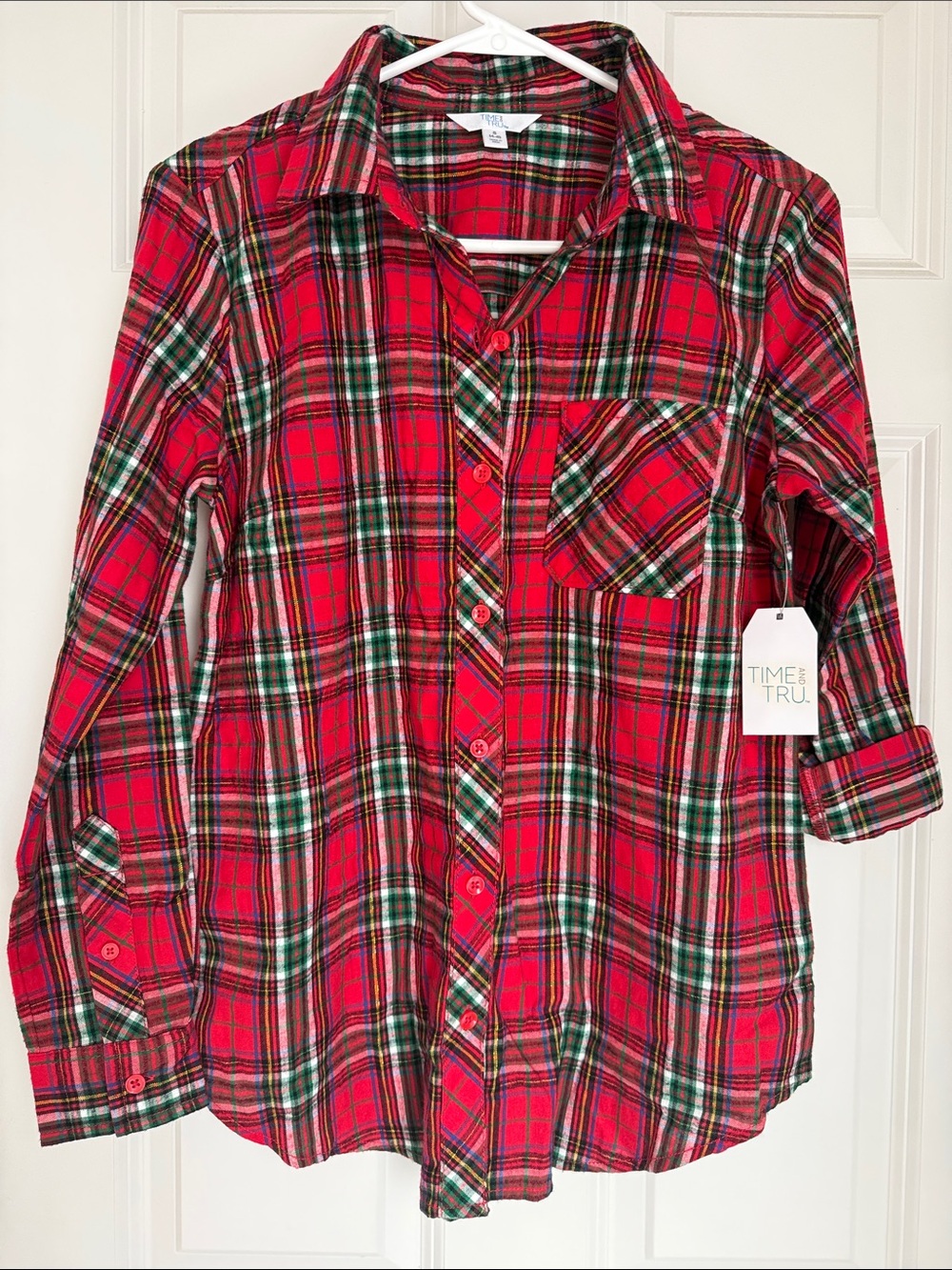 Time and Tru Red and Green Plaid with good accents Button-Down Shirt